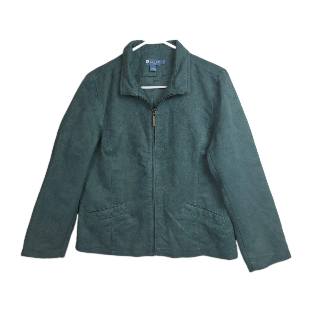 Vintage Koret Full-Zip Jacket Women's Petite M Green Suede Long Sleeves Y2K 90's